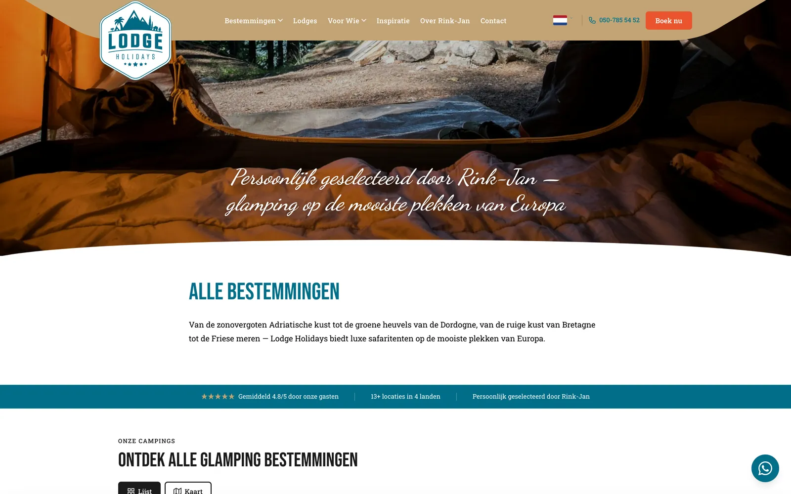 Bestemmingen-overzicht op een Velify-site, met sfeerfoto's per regio