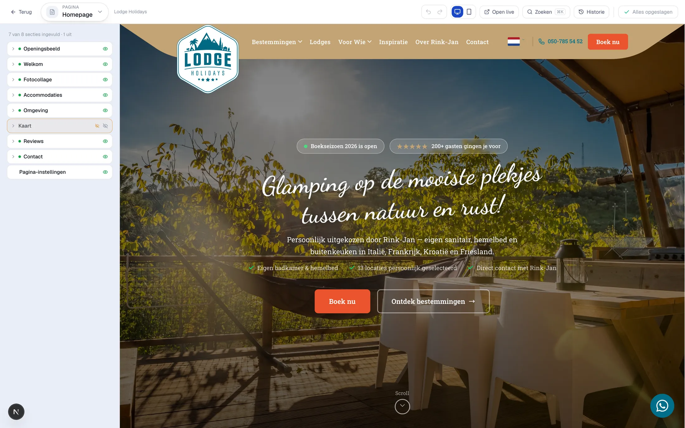 Velify web editor: secties links, live voorbeeld van de site rechts